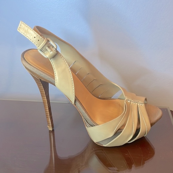 L.A.M.B. Women’s KAM Taupe Platform Slingback Wooden Heels - Picture 6 of 7